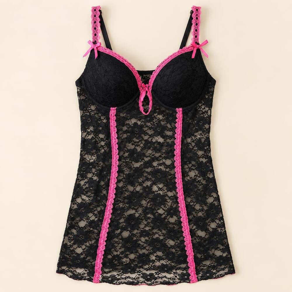 Y2K Just Sexy Black Pink Lace Corset Slip Dress McBling Coquette